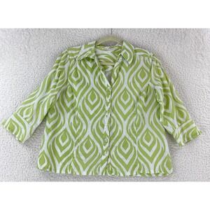 JM Collection Petite Green 100% Linen Button-Up Shirt Womens 3/4 Sleeve Size 10P